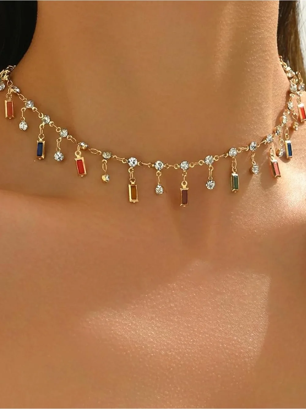Anthropologie Gold Choker with Multi‑Colored Baguette Charms